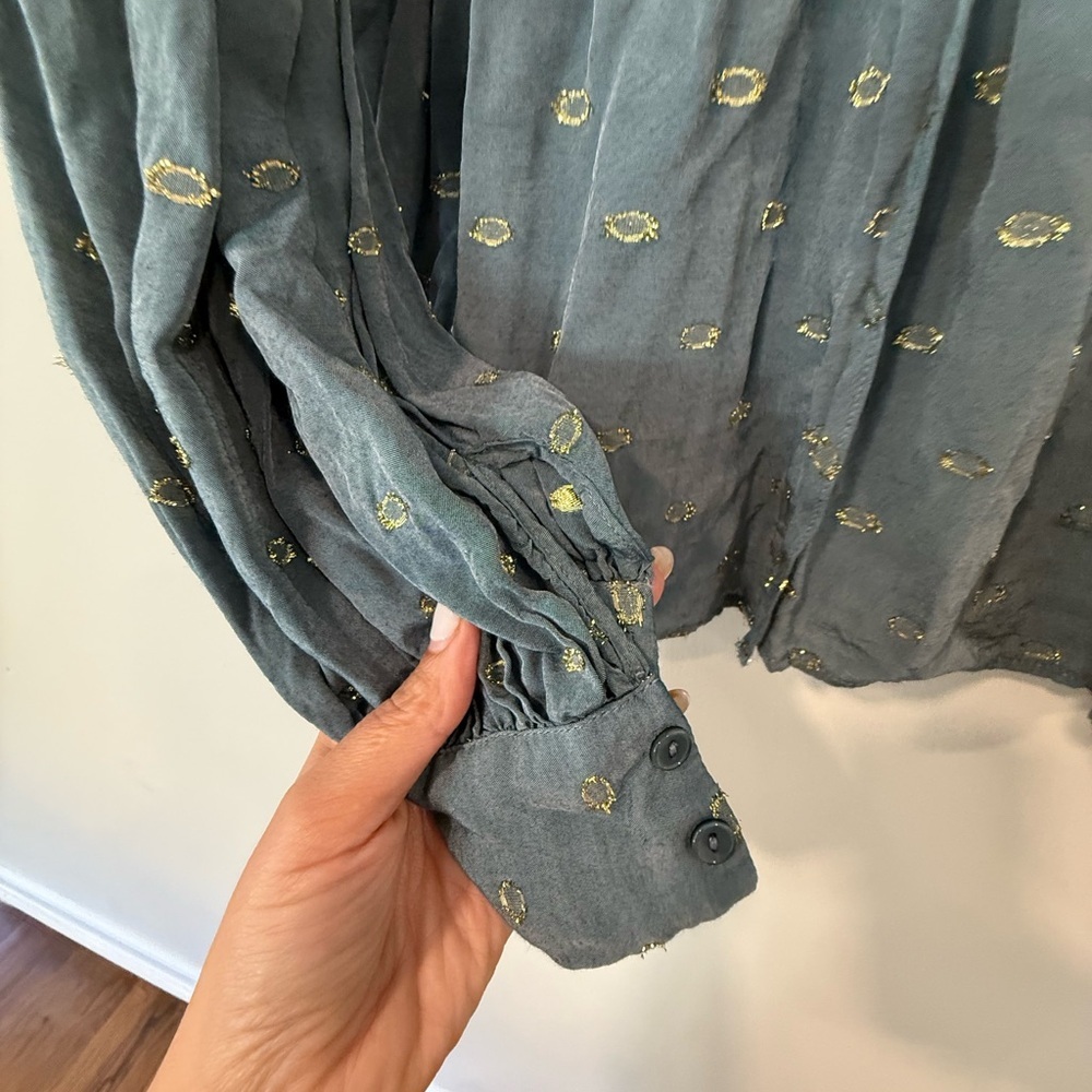 Anthropologie Ruffled Peasant Blouse Gold and Slate Blue Blouse Size XXS - Picture 8 of 11